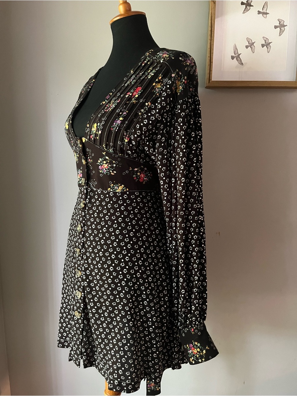 Free People Mixed Floral Print Button Front Mini Dress Boho Long Sleeve Small - Picture 5 of 6